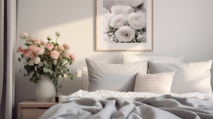  a vase of flowers sitting on a bed next to pillows.  generative ai