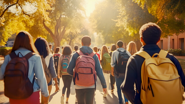 Rear view of group of diverse and multiracial high school students with backpacks going to the school in the morning. - Powered by Adobe