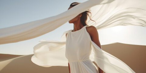 Fototapeta na wymiar Woman in a long white dress walking in the desert with flowing fabric in the wind