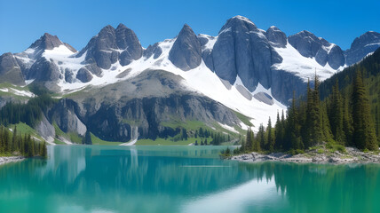 Naklejka na ściany i meble Ethereal Serenity: A Majestic Alpine Lake Cradled by Towering Peaks