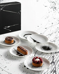 Molecular cuisine desserts on white design plates.