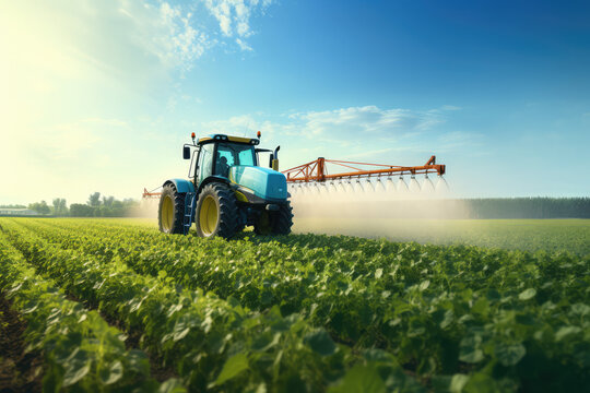 Tractor spraying pesticides fertilizer on soybean crops farm field