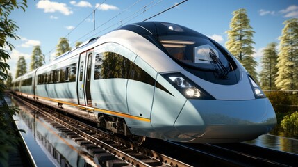 Fototapeta premium Train on the tracks, picture of adventure and freedom as it winds through the countryside, its powerful engine propelling it through the ever-changing sky and past lush trees and distant horizons