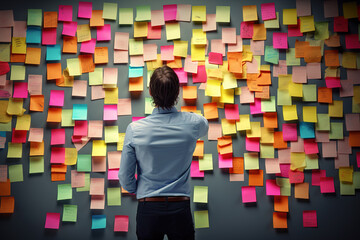 Back view of Businessman managing deadline tasks, check week plan attached on big wall with paper notes, maximize work efficiency concept. - obrazy, fototapety, plakaty