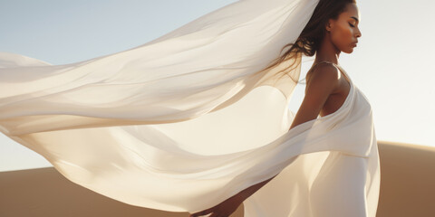 Woman in a long white dress walking in the desert with flowing fabric in the wind - obrazy, fototapety, plakaty
