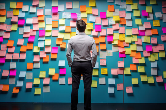Back view of thoughtful businessman looking at sticky notes on wall in the office, working on project plan using sticky notes.