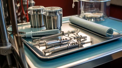 Foto op Plexiglas An array of dental tools and equipment neatly organized on a tray in a dental operatory © Наталья Евтехова
