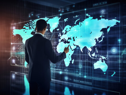 Businessman touching point of city connection line in world map. Man pressing button on virtual screen of planet earth show start up, communication, technology, global network, internet concept.