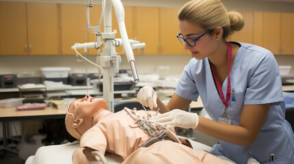 A dental student practicing tooth drilling techniques on a dental manikin in a dental school laboratory