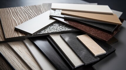 samples of interior material consists concrete tile, wooden laminated or veneer, artificial stones, green fabric for drapery, wooden vinyl flooring. interior selected material for mood and tone board.