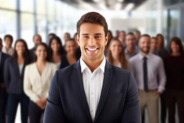 Confident Young Business Executive Leading the Team: Group of Professionals in the Background.