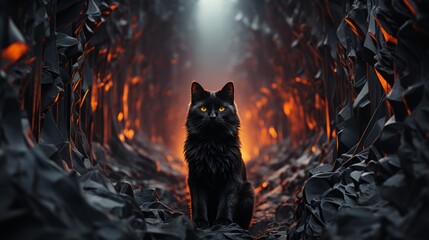 A black cat, a symbol of nature and mystery, slinks through the scorching heat of a fiery tunnel, representing the wildness of life - obrazy, fototapety, plakaty