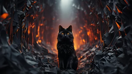 Foto op Plexiglas A black cat, a symbol of nature and mystery, slinks through the scorching heat of a fiery tunnel, representing the wildness of life © Envision