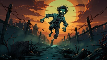 A mesmerizing animation of a zombie running across a picturesque bridge at sunset, highlighting the captivating power of anime and fiction