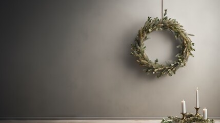  a wreath hanging on a wall next to a candle holder.  generative ai