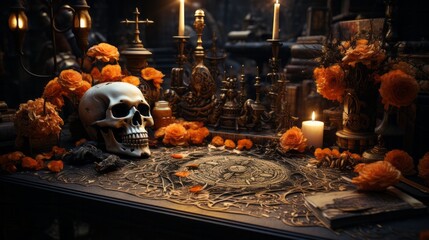 A spooky display of a skull and flickering candles atop a wooden table illuminated by the glow of a nearby pumpkin creates an eerie atmosphere perfect for halloween