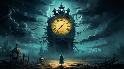 The clocktower stands tall and imposing, ticking away time as the figure in front gazes up at its magnificence, lost in a sea of timeless contemplation - obrazy, fototapety, plakaty
