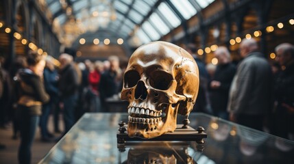 In a museum, a solitary skull rests atop a table, its hollow eye sockets gazing back in silent contemplation, a reminder of the fragility of life and the mysteries that lie within us all - obrazy, fototapety, plakaty
