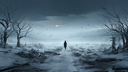 A lone figure trudges through a snow-covered landscape, their path illuminated by a grey winter sky dotted with wispy clouds and the silhouettes of evergreen trees