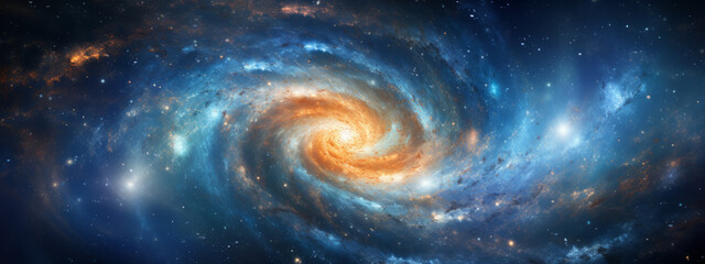 A view from space to a spiral galaxy and stars. Universe filled with stars, nebula and galaxy.