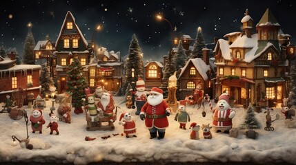 Fototapeta na wymiar a christmas scene with santa claus and snowmen in the snow. generative ai
