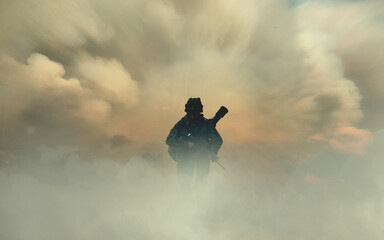 Man, soldier or army with silhouette in smoke, dust and alone in overlay with weapon, rifle or gun in mockup. Male, person and walk for battle, war or mission in intelligence, security or training