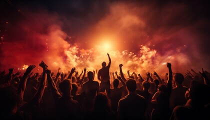 Fototapeta na wymiar Group of people holding lighters and mobile phones at a concert, crowd of people silhouettes with raised hands. Dark background, smoke, spotlights. Bright lights