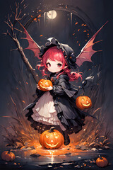 majestic cute loli girl in witch costume, Halloween,  anime , girl cute witch pumpkin, baby witch cute cartoon, bright, beautiful, splash, fantasy, Glittering, cute and adorable,  gothic lolita