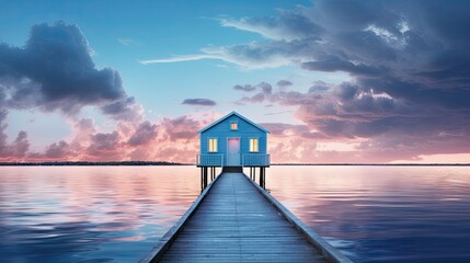  a small blue house sitting on top of a wooden pier.  generative ai