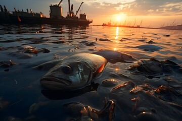 Bloated, dead, poisoned fish lies on the river bank, Environmental pollution. The impact of toxic emissions in the aquatic environment
