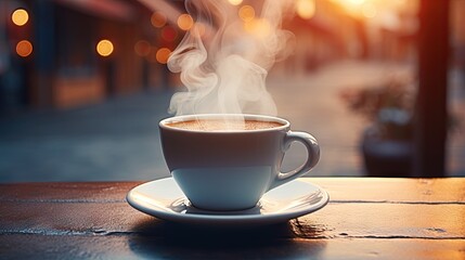 Obraz premium a cup of coffee with steam rising out of the top. generative ai