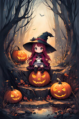 majestic cute loli girl in witch costume, Halloween,  anime , girl cute witch pumpkin, baby witch cute cartoon, bright, beautiful, splash, fantasy, Glittering, cute and adorable,  gothic lolita