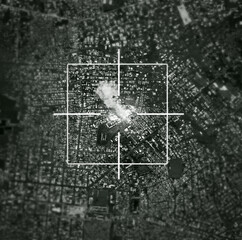 Satellite, bomb and target of missile in city for war, international conflict and military. Army,...