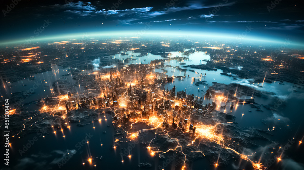 Poster global data grid connecting whole world. global network and satellite data exchange. digitalization 