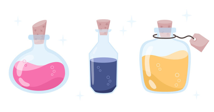Elixir, potions bottles in cartoon flat style. Set of bottles with colored liquids, design elements magic tools.