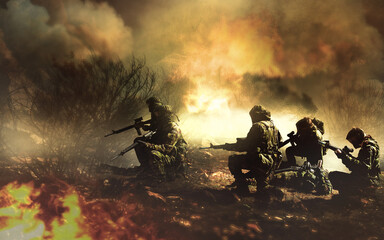 Military, men and war with field fire and danger, gun for target and forest battlefield for army...