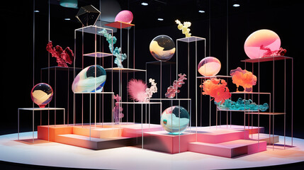 3D Podium Stage with Surrealism Decoration and Stylish Floating Holographic Display