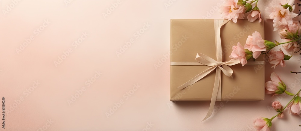 Poster ecoconscious gift packed in recyclable paper tied with a unique bow isolated pastel background copy 