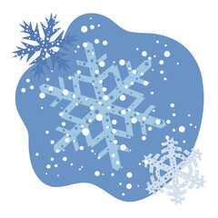 Snowflakes of different shapes in blue tones on an abstract background with white confetti. Design element for clothes, cards, textiles, fabrics, wallpapers