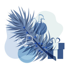 Festive fir branch with New Year's balls and a gift box in blue tones with different transparency. Design element for clothes, cards, textiles, fabrics, wallpapers