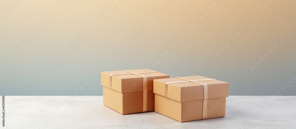 Aufkleber free space on a white table with stacked cardboard boxes isolated pastel background copy space