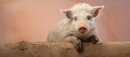 Curly haired pig breed from Hungary and Balkans displayed against a isolated pastel background Copy space
