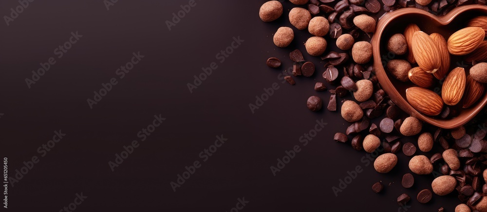 Aufkleber Dark chocolate with nuts displayed separately on a isolated pastel background Copy space Heart shaped chocolate with raisins and nuts