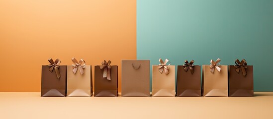 Decorated brown gift bags on a isolated pastel background Copy space