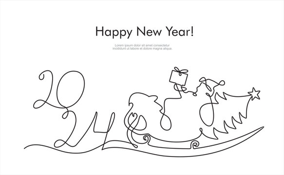 Continuous one single line drawing of Santa claus on sleigh full of gifts and 2024. Line illustration. Happy new year decoration. Merry christmas holiday. New year and xmas.