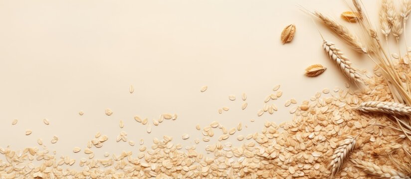 Dry organic multigrain flakes seen from above on a isolated pastel background Copy space