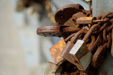 Many rusty padlocks closed on bridge fence - love concept