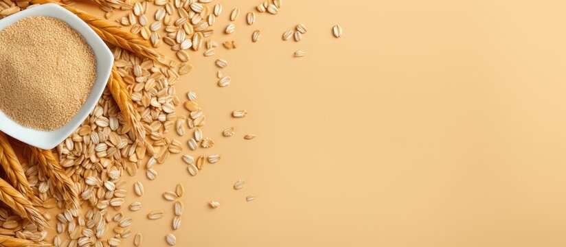 Dry organic multigrain flakes seen from above on a isolated pastel background Copy space