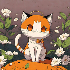 Cat anime cartoon portrait vector illustration natural background generative ai