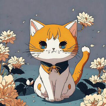 Cat anime cartoon portrait vector illustration natural background generative ai